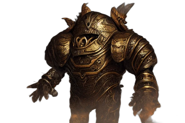 mask, creature, robot, staff, concept art, fantasy art, 3d render, golden transparent PNG cut-out