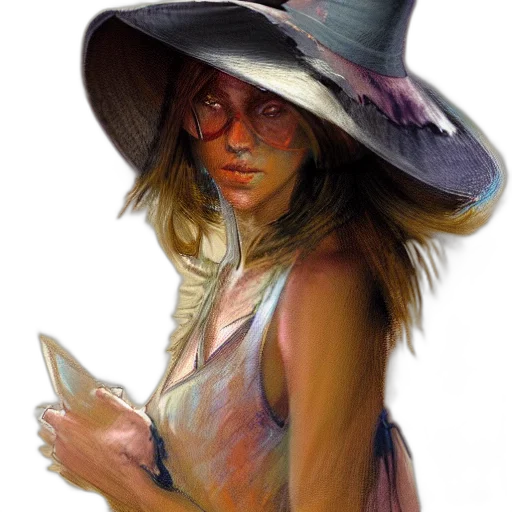 hat, dress, face, staff, fantasy art, oil painting, concept art, photorealistic transparent PNG cut-out