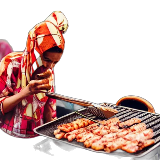 food, babushka, grilling, meat, barbeque, people, dancing, having transparent PNG cut-out