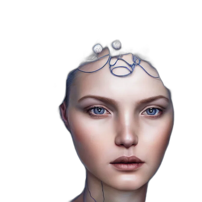 crown, jewelry, face, robot, concept art, photorealistic, 3d render, cyberpunk transparent PNG cut-out