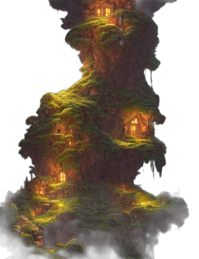 tree, dragon, building, crown, concept art, fantasy art, pixel art, 3d render transparent PNG cut-out
