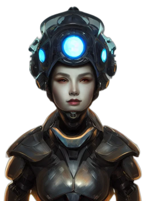 robot, face, mask, staff, cyberpunk, concept art, fantasy art, comic book art transparent PNG cut-out