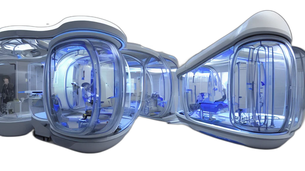 robot, 3d render, concept art, outer space, neon lights, futuristic, enclosed, medical transparent PNG cut-out