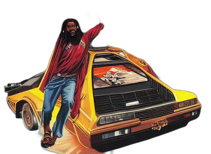 car, concept art, african, jesus, driving, flying, delorean, over transparent PNG cut-out