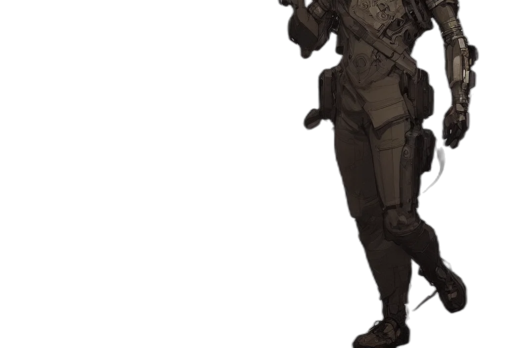 robot, staff, weapon, jacket, concept art, 3d render, cyberpunk, pixel art transparent PNG cut-out