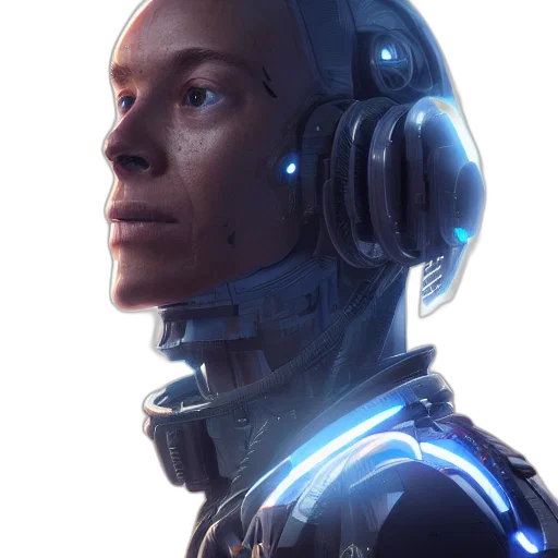 robot, face, cyberpunk, concept art, 3d render, photorealistic, outer space, blue transparent PNG cut-out