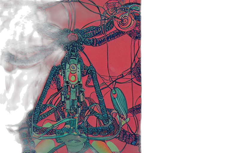 robot, cyberpunk, concept art, comic book art, 3d render, outer space, red, risograph transparent PNG cut-out