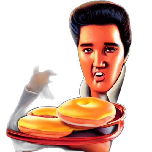 food, photorealistic, cartoon, 3d render, concept art, elvis, eating, donuts transparent PNG cut-out
