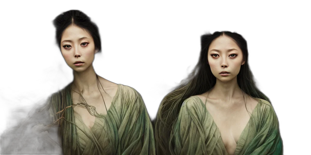 hair, photorealistic, fantasy art, concept art, oil painting, earth tones, green, wuxia transparent PNG cut-out