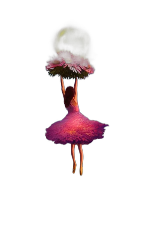dress, umbrella, flower, hair, concept art, fantasy art, 3d render, pixel art transparent PNG cut-out