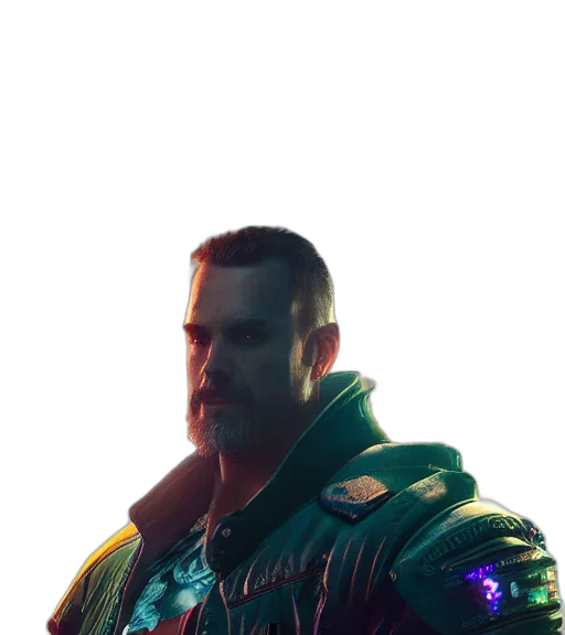 jacket, face, weapon, staff, cyberpunk, concept art, 3d render, vaporwave transparent PNG cut-out