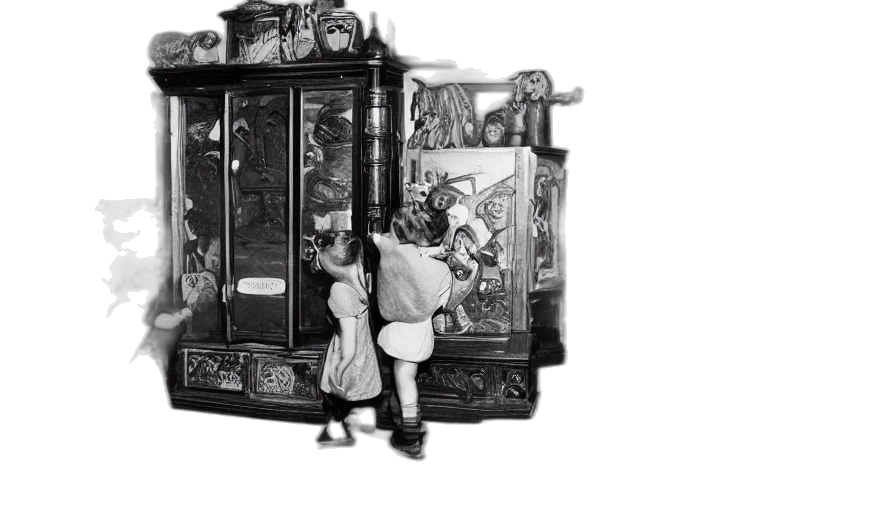 furniture, staff, concept art, three, children, playing, giant, cabinet transparent PNG cut-out