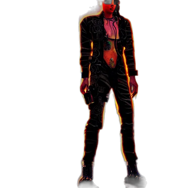 jacket, mask, staff, robot, concept art, comic book art, cyberpunk, pixel art transparent PNG cut-out