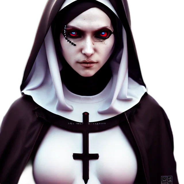face, concept art, comic book art, fantasy art, photorealistic, cyberpunk, nun, warrior transparent PNG cut-out