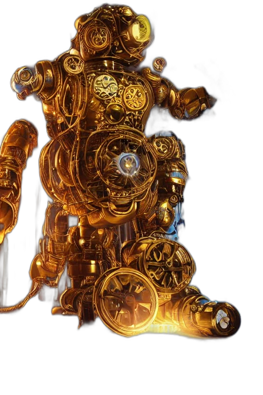 robot, weapon, sword, staff, concept art, fantasy art, 3d render, golden transparent PNG cut-out