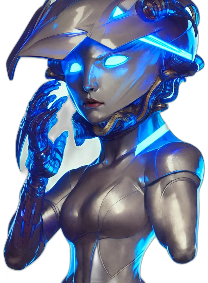 robot, staff, mask, face, cyberpunk, concept art, fantasy art, comic book art transparent PNG cut-out