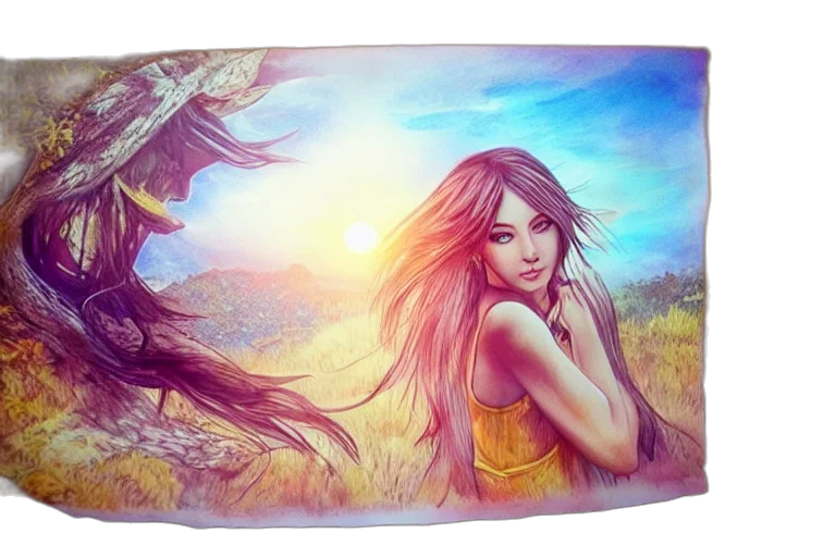 dress, hair, mask, fantasy art, photorealistic, oil painting, anime, sunset transparent PNG cut-out