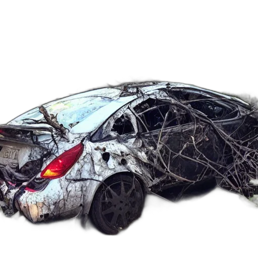 car, tree, 3d render, concept art, photorealistic, outrun, gane, crashed transparent PNG cut-out