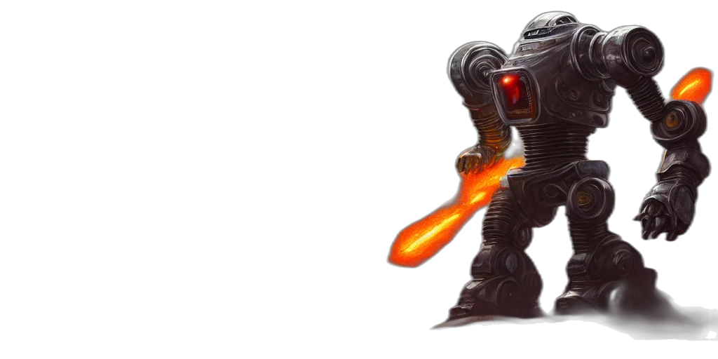 robot, weapon, staff, concept art, 3d render, fire, king, chrome transparent PNG cut-out