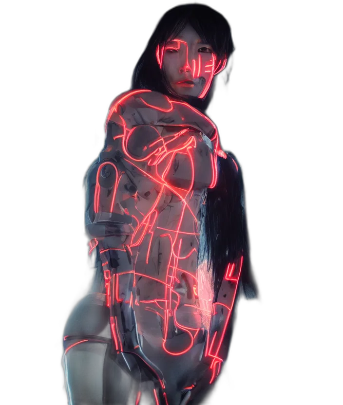 jacket, robot, dress, staff, cyberpunk, 3d render, concept art, vaporwave transparent PNG cut-out