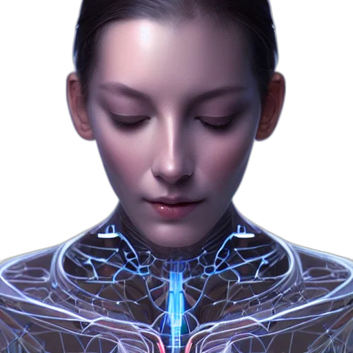 robot, face, jewelry, cyberpunk, photorealistic, concept art, 3d render, neon lights transparent PNG cut-out