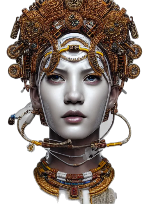 jewelry, robot, crown, face, cyberpunk, photorealistic, fantasy art, concept art transparent PNG cut-out