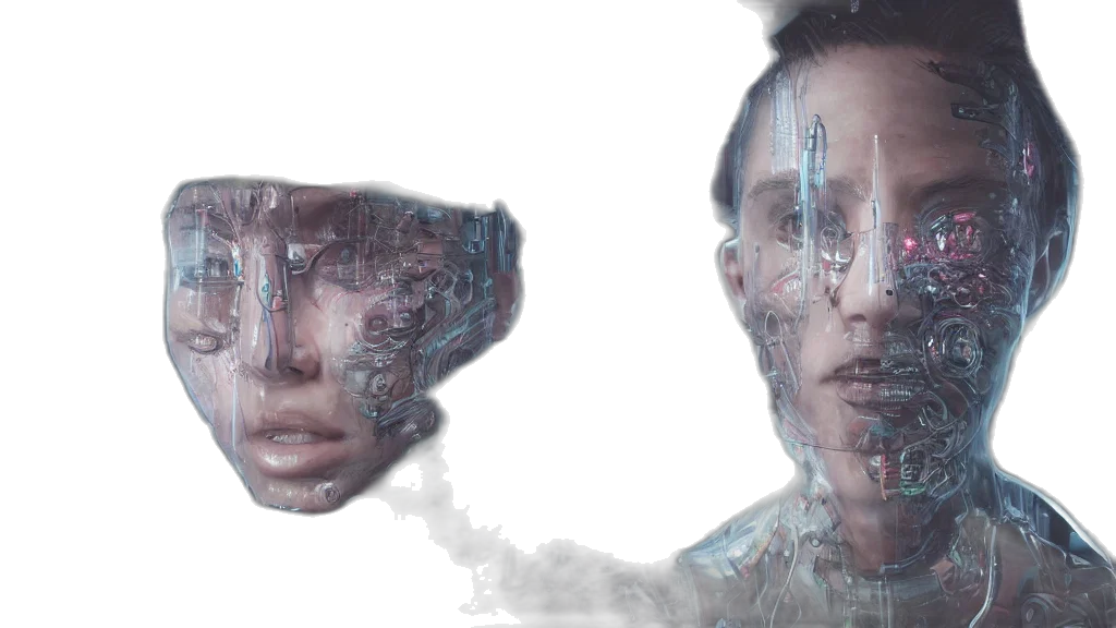 robot, face, mask, cyberpunk, concept art, 3d render, photorealistic, outer space transparent PNG cut-out