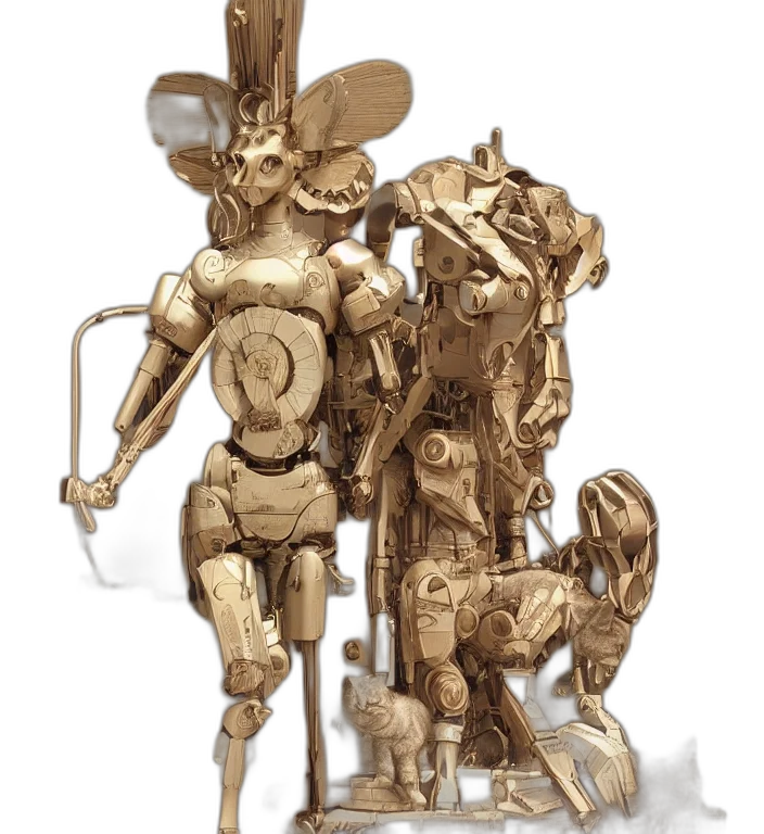 robot, weapon, staff, concept art, 3d render, fantasy art, comic book art, golden transparent PNG cut-out