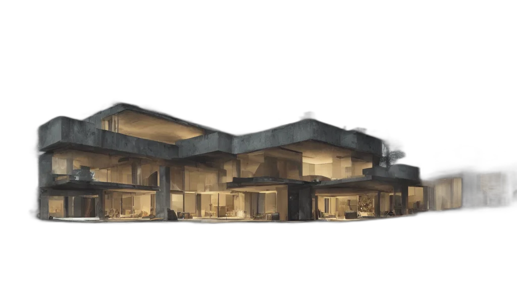 building, 3d render, concept art, photorealistic, earth tones, luxurious, house, brutalist transparent PNG cut-out