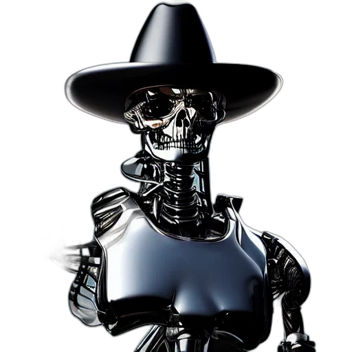 robot, hat, jewelry, staff, 3d render, concept art, terminator, wearing transparent PNG cut-out