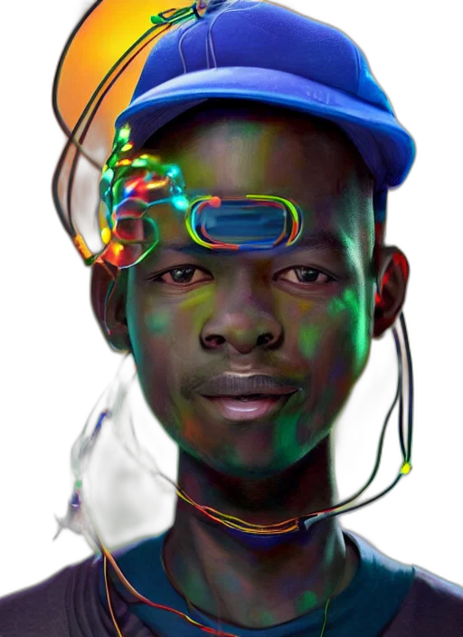 face, robot, hat, staff, photorealistic, cyberpunk, concept art, 3d render transparent PNG cut-out