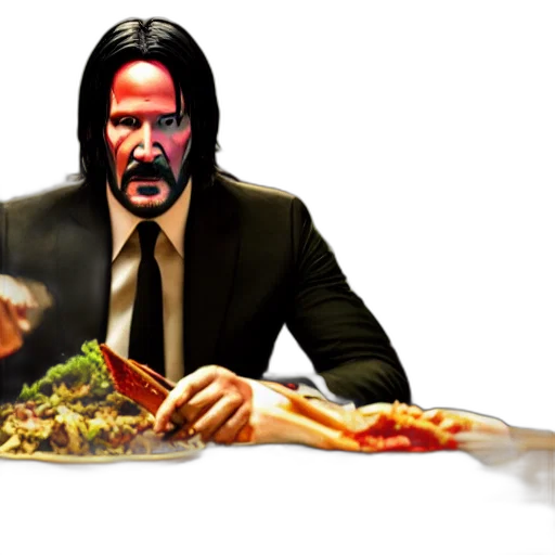 food, concept art, comic book art, pixel art, photorealistic, john, wick, serving transparent PNG cut-out