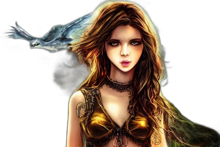 dragon, fantasy art, comic book art, photorealistic, concept art, fire, golden, girl transparent PNG cut-out