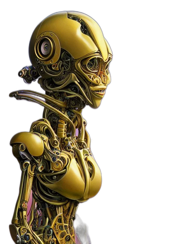 robot, jewelry, concept art, 3d render, cyberpunk, photorealistic, golden, perfectly transparent PNG cut-out