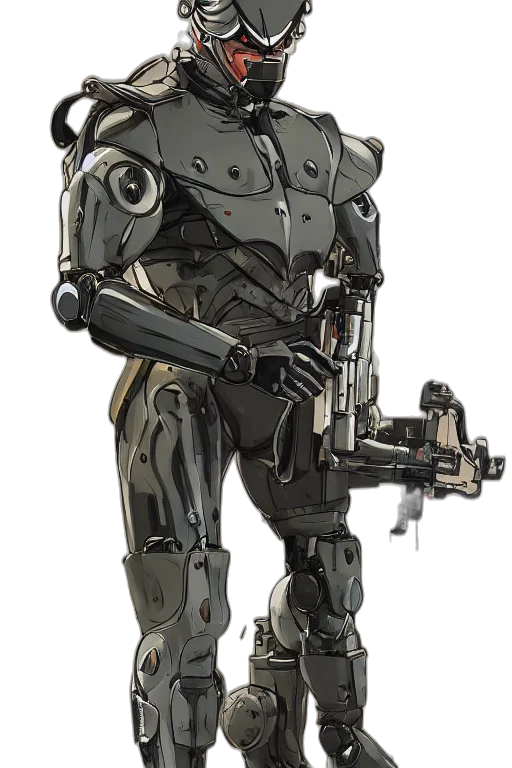 robot, weapon, staff, concept art, cyberpunk, 3d render, comic book art, full transparent PNG cut-out