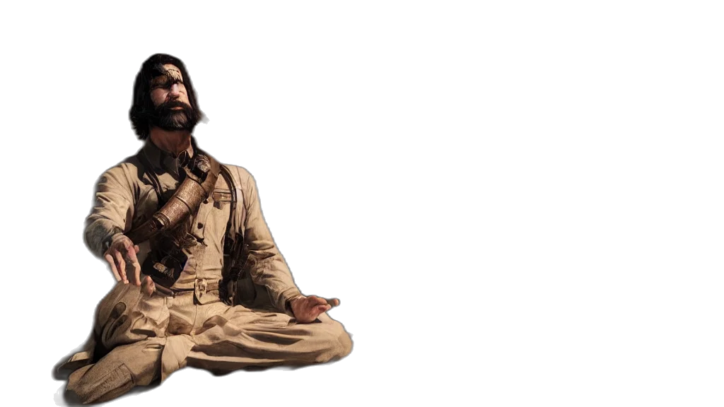 3d render, concept art, john, travolta, dieselpunk, warrior, meditating, beautiful transparent PNG cut-out