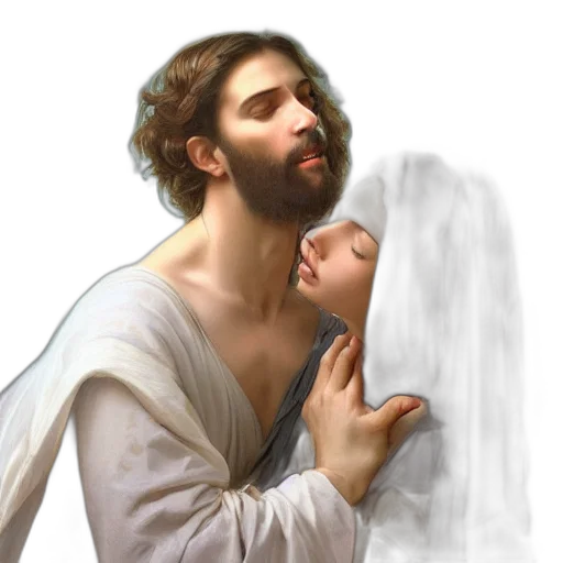 photorealistic, oil painting, concept art, fantasy art, jesus, kissing, maria, maddalena transparent PNG cut-out
