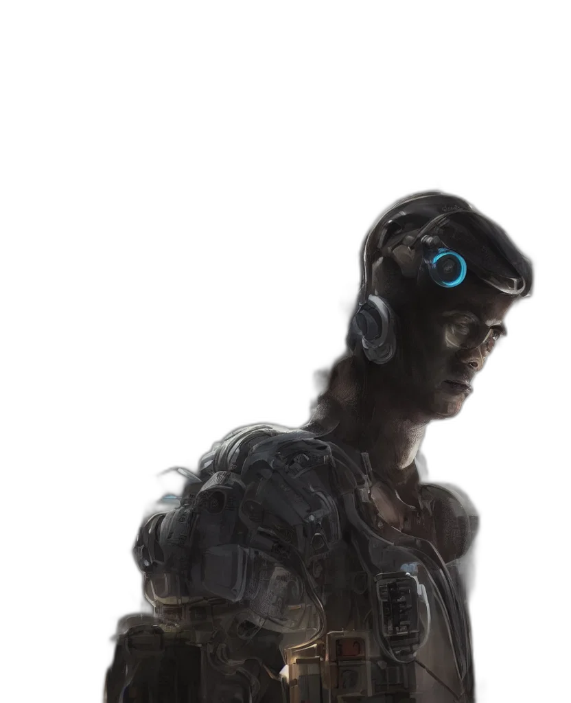 robot, face, jacket, staff transparent PNG cut-out