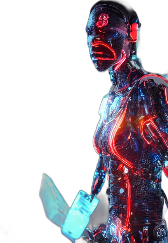 robot, sword, cyberpunk, 3d render, concept art, comic book art, neon lights, neon transparent PNG cut-out