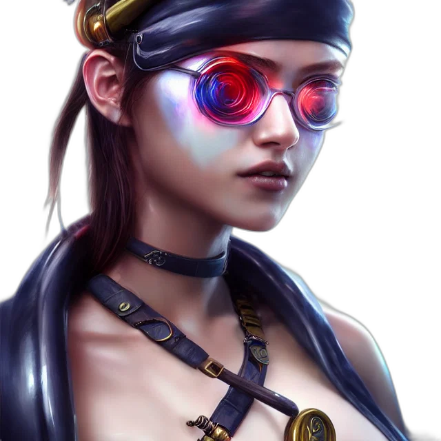 face, jewelry, staff, cyberpunk, concept art, fantasy art, photorealistic, neon lights transparent PNG cut-out