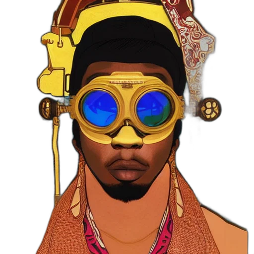 mask, face, staff, cartoon, cyberpunk, concept art, anime, golden transparent PNG cut-out