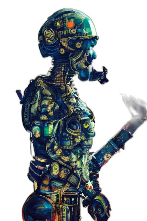 robot, dress, mask, weapon, cyberpunk, concept art, pixel art, fantasy art transparent PNG cut-out