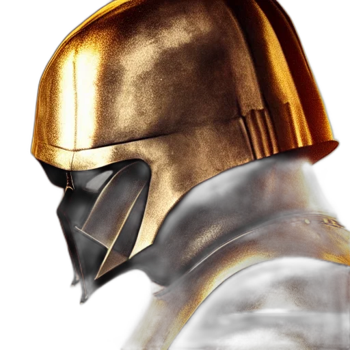 mask, robot, sword, concept art, photorealistic, fantasy art, 3d render, golden transparent PNG cut-out