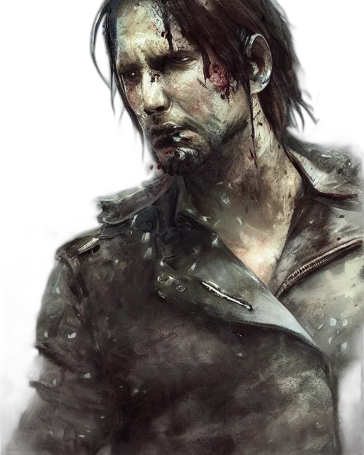 face, jacket, concept art, photorealistic, comic book art, watercolor, rain, earth tones transparent PNG cut-out