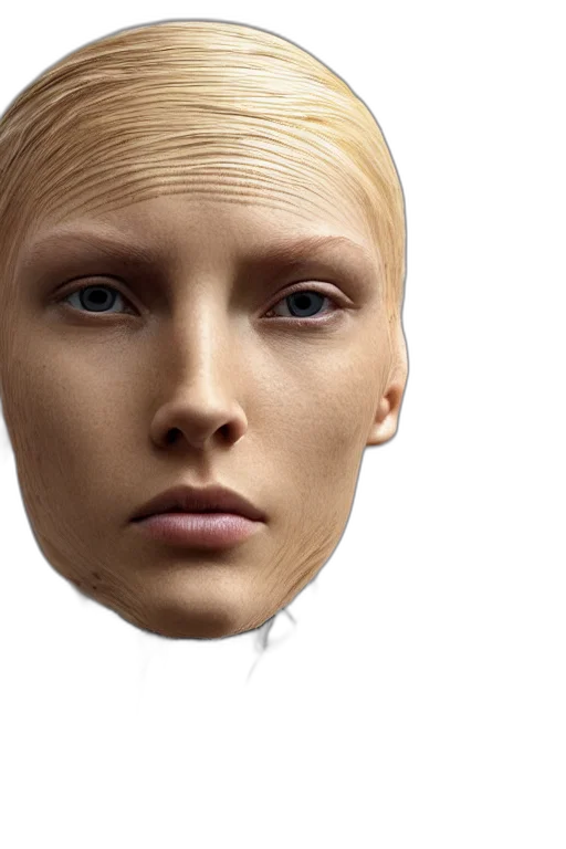 face, mask, hair, robot, photorealistic, 3d render, concept art, human transparent PNG cut-out