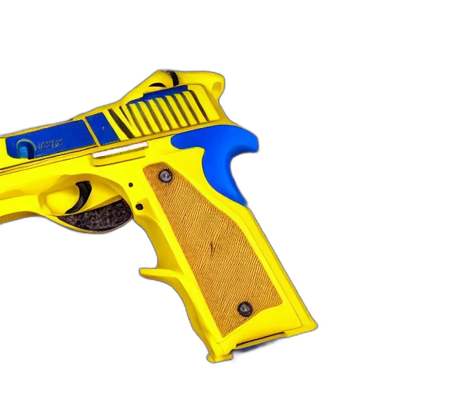 weapon, 3d render, photorealistic, photo, full, shot, yellow, blue transparent PNG cut-out