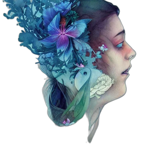 flower, crown, face, mask, watercolor, fantasy art, concept art, photorealistic transparent PNG cut-out