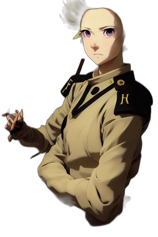 jacket, staff, face, weapon, anime, concept art, cartoon, pixel art transparent PNG cut-out