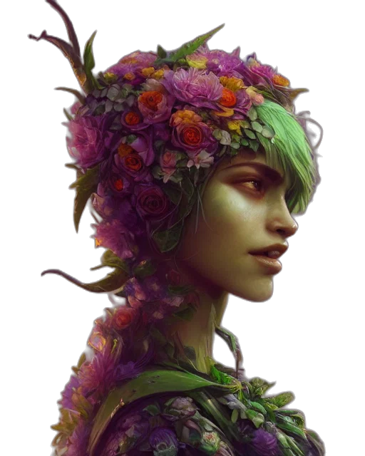 crown, face, flower, mask, fantasy art, photorealistic, concept art, oil painting transparent PNG cut-out