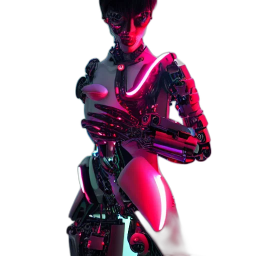 robot, creature, dress, weapon, cyberpunk, concept art, 3d render, vaporwave transparent PNG cut-out